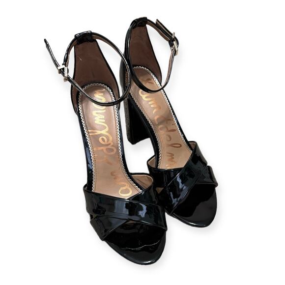 Sam Edelman Yancy Black Patent Leather Ankle Strap Block Heels Women's Size 9 - Picture 1 of 8